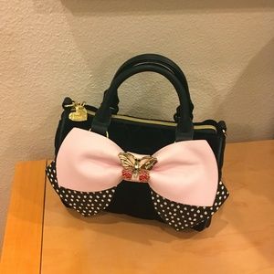 Betsey Johnson Black Velvet Pink Bow Handbag